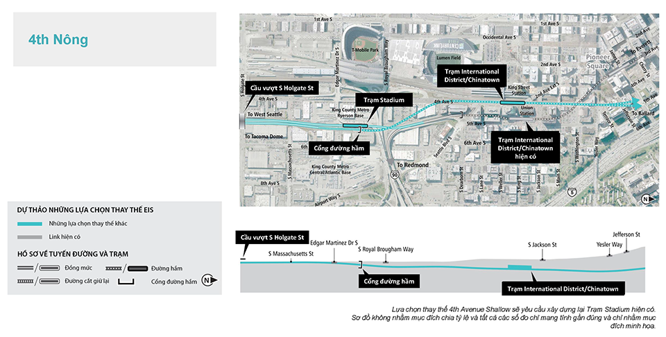 Bản đồ và hồ sơ của Lựa Chọn Thay Thế Trạm Ga Nông 4th Avenue trong đoạn Chinatown-International District biểu thị hồ sơ tuyến đường và độ cao được đề xuất. Xem nội dung mô tả ở trên để biết thêm chi tiết. Nhấp để phóng to.